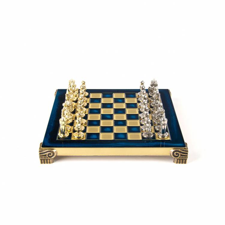 Metal Chess Byzantine  set with Gold & Silver Chessmen  20cm Chessboard in Blue