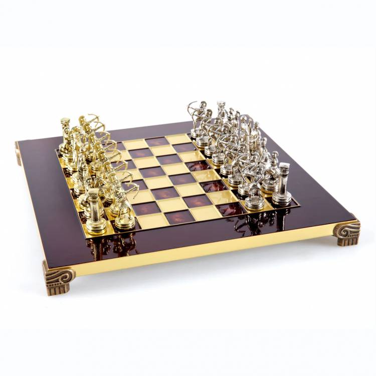 Metal Chess "Archers " set with Gold & silver Chessmen & 28cm Chessboard in Red