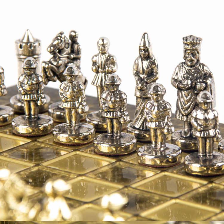 Metal Chess  Byzantine  set with Gold & Silver Chessmen  20cm Chessboard in Brown