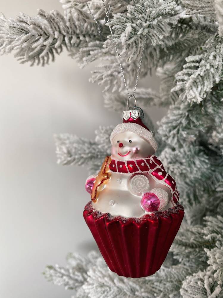 Christmas tree toy Snowman in a cup, white, 11 cm