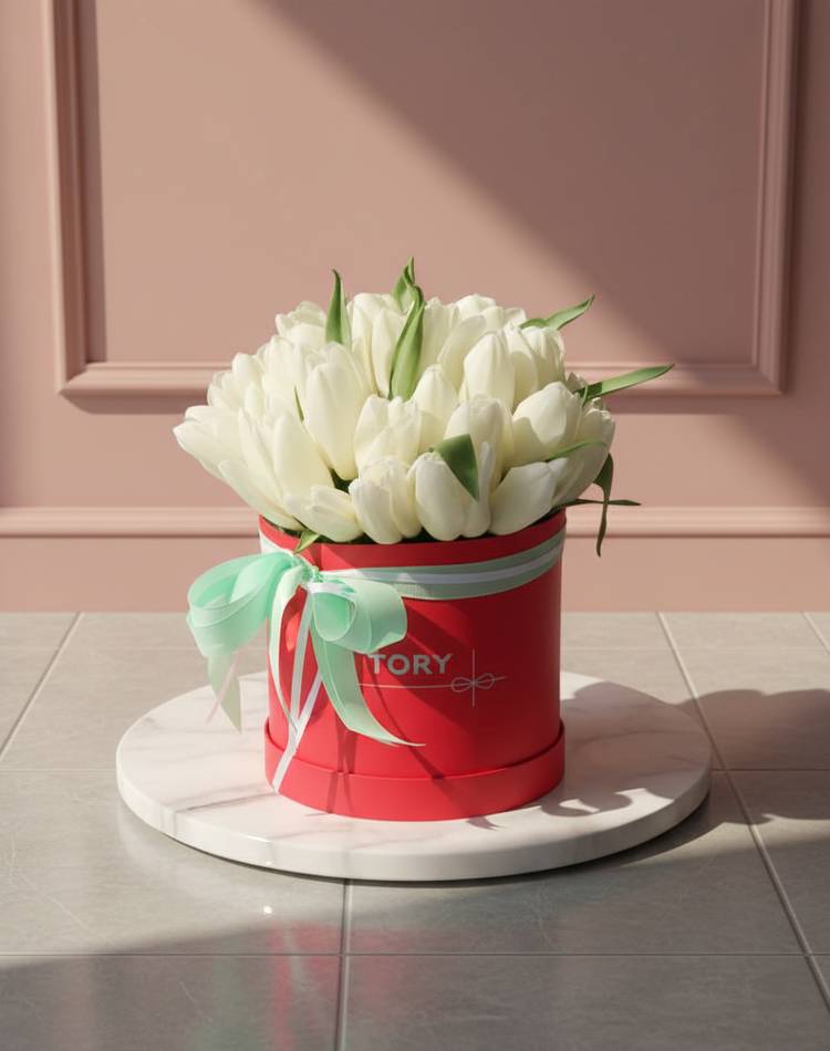 35 White Tulips in a Hat Box