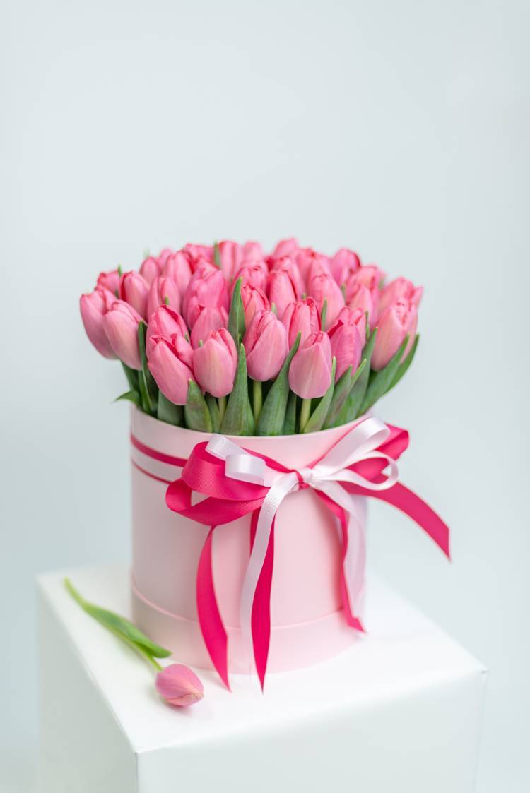 51 Pink Tulips in a Hat Box