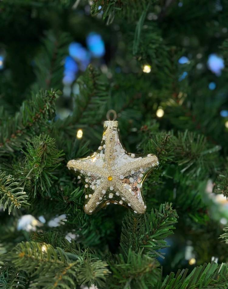 Starfish Christmas tree glass toy in rhinestones, assorted. white\gold, D9 B8 cm.