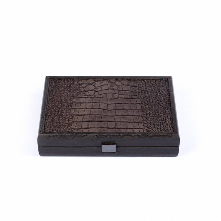 Playing cards in a dark gray crocodile leather wooden case