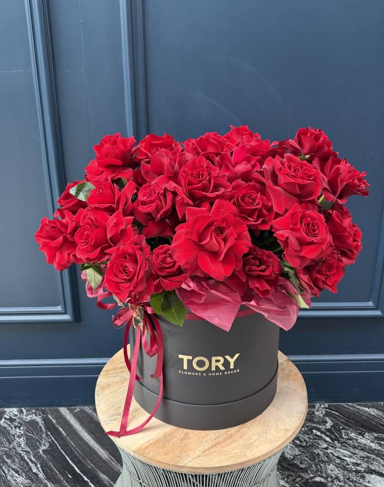 45 red roses in a box "On the edge of feelings"