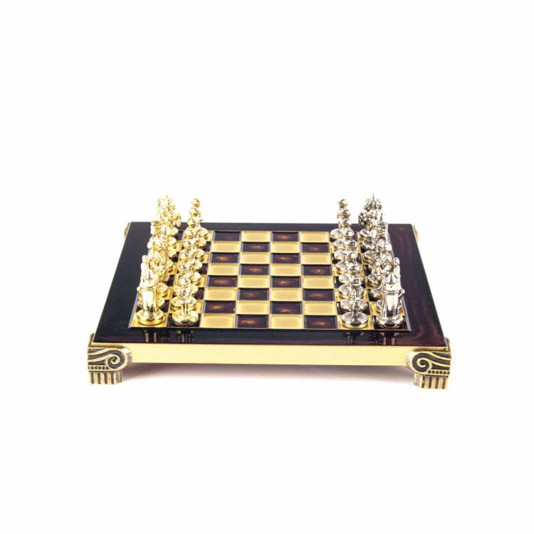 Metal Chess Byzantine  set with Gold & Silver Chessmen  20cm Chessboard in Red