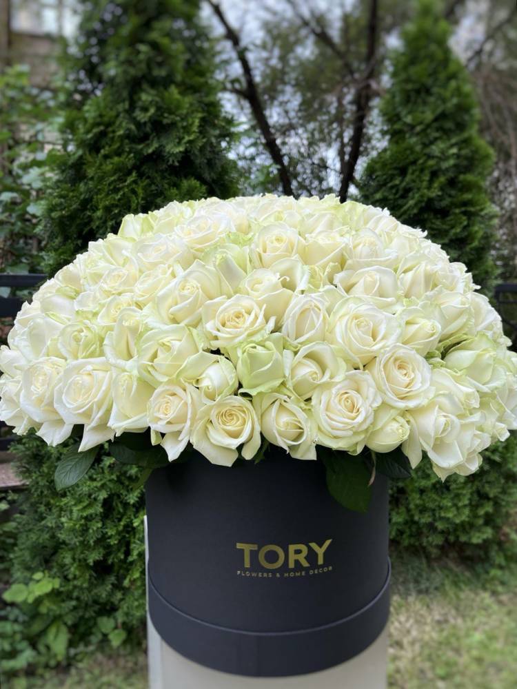 200 white roses in a box