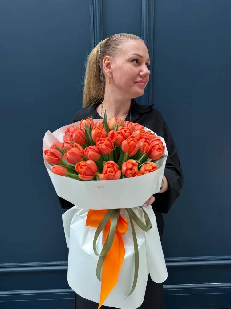 A bouquet of 35 orange peony tulips