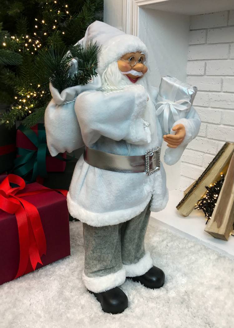 Christmas figurine Santa white with gift, 20 LED, 60 cm