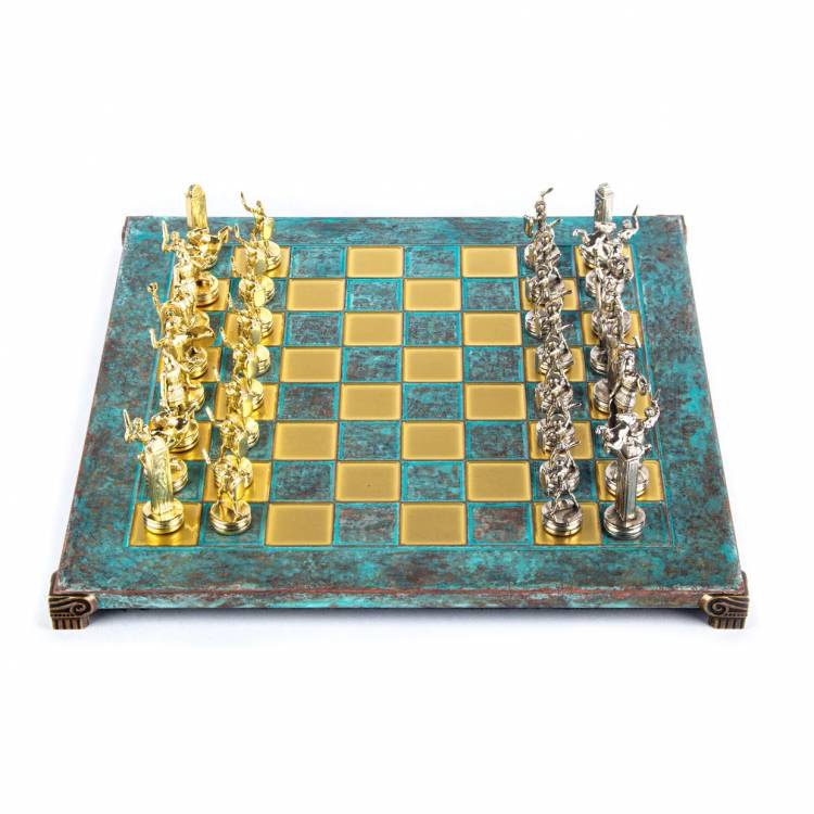 Metal Chess "Greek Mythology "set with Gold & Silver Chessmen  36cm Chessboard in Antique Turquoise