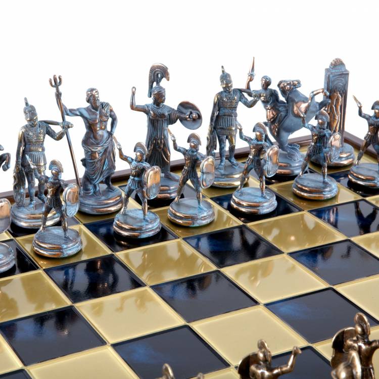 Greek mythology chess set in a wooden box with blue/brown chessmen and blue/bronze chessboard 48 x 4
