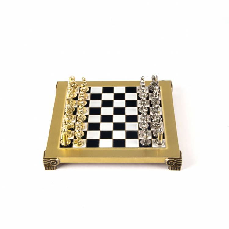 Metal Chess Byzantine set with Gold & Silver Chessmen  20cm Chessboard in Blak & White