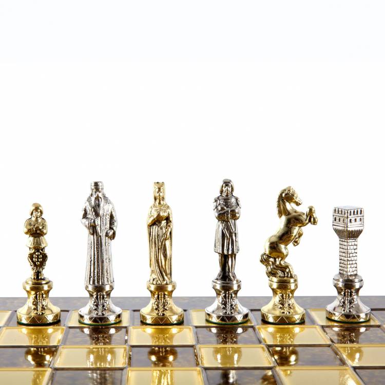 Renaissance Metal Chess set with Gold & Silver Chessmen & 36cm Chessboard in Brown