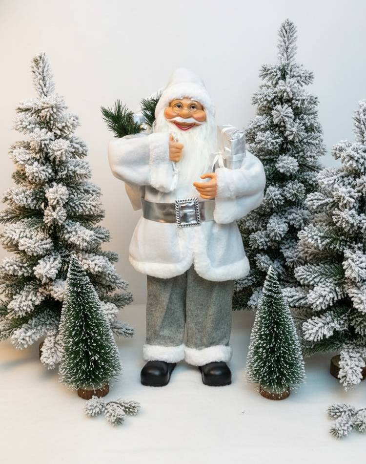 Christmas figurine Santa white with gift, 20 LED, 60 cm