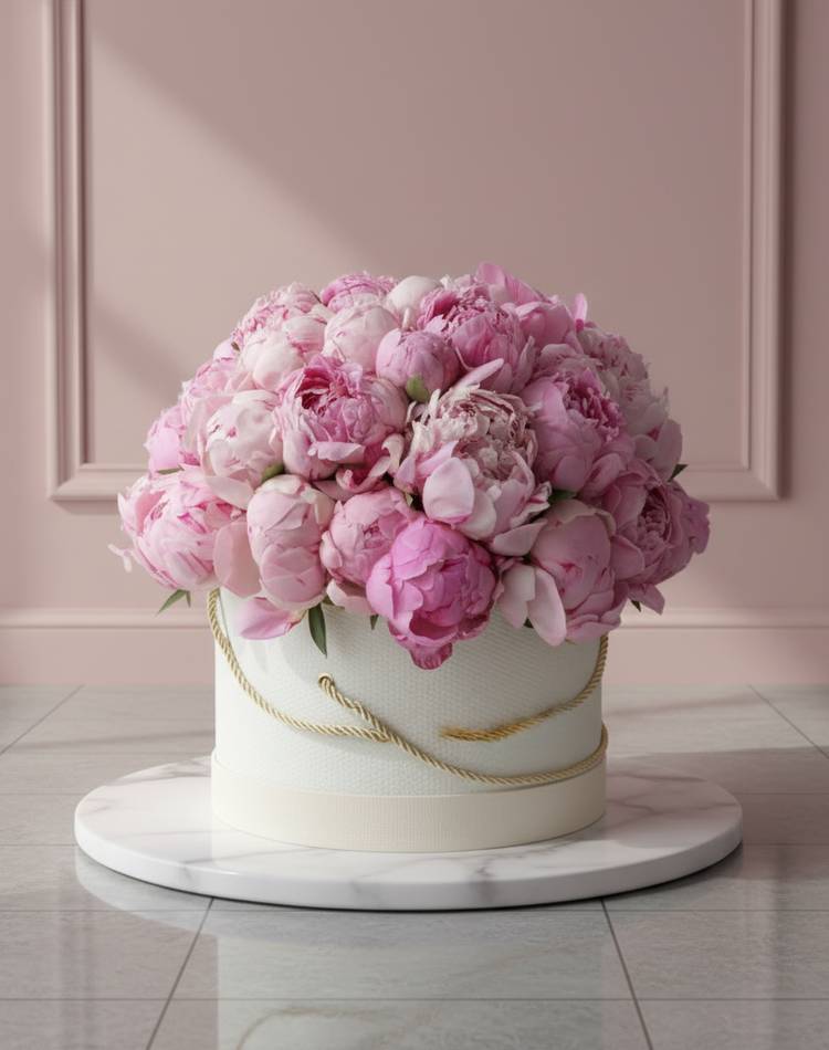 39 pink peonies in a hat box