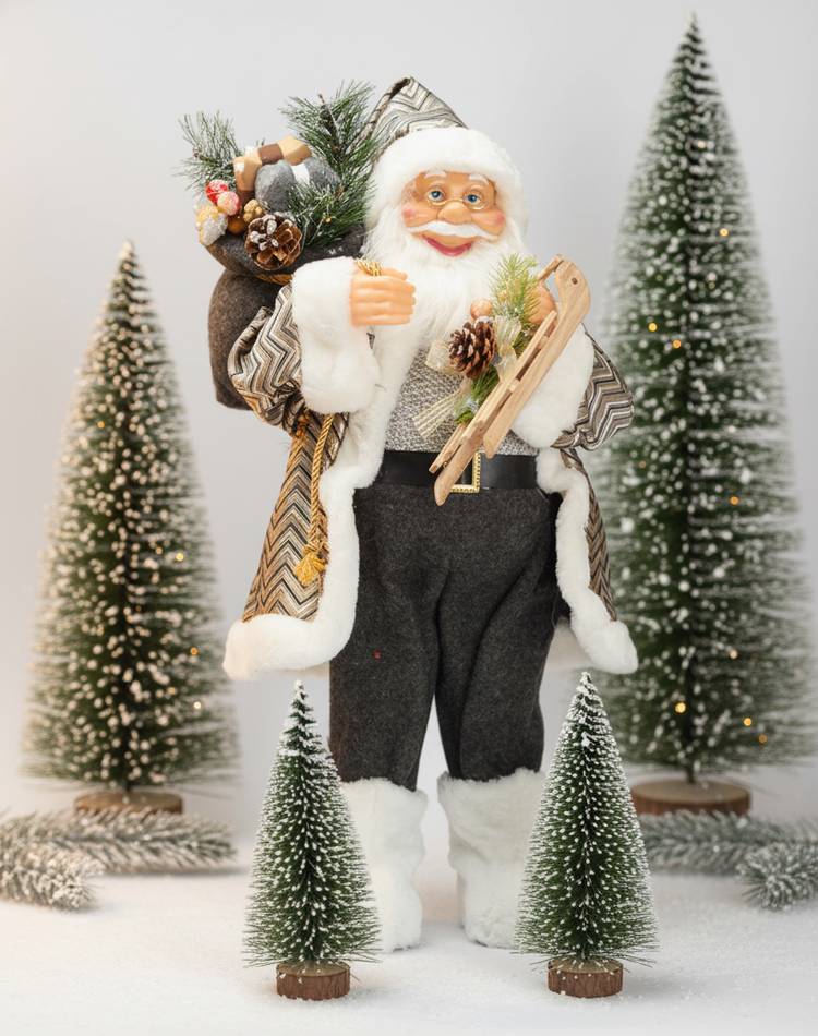 Santa stands, in a fur coat with a sleigh, fabric, 60 cm