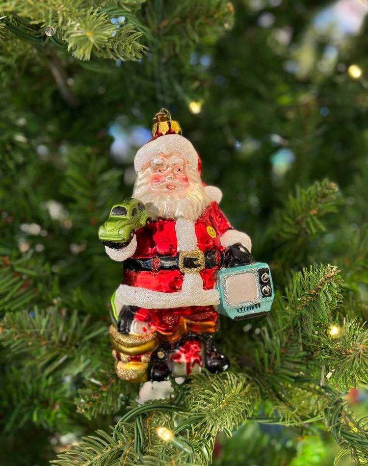 Glass Santa Christmas tree toy with TV, 15 cm