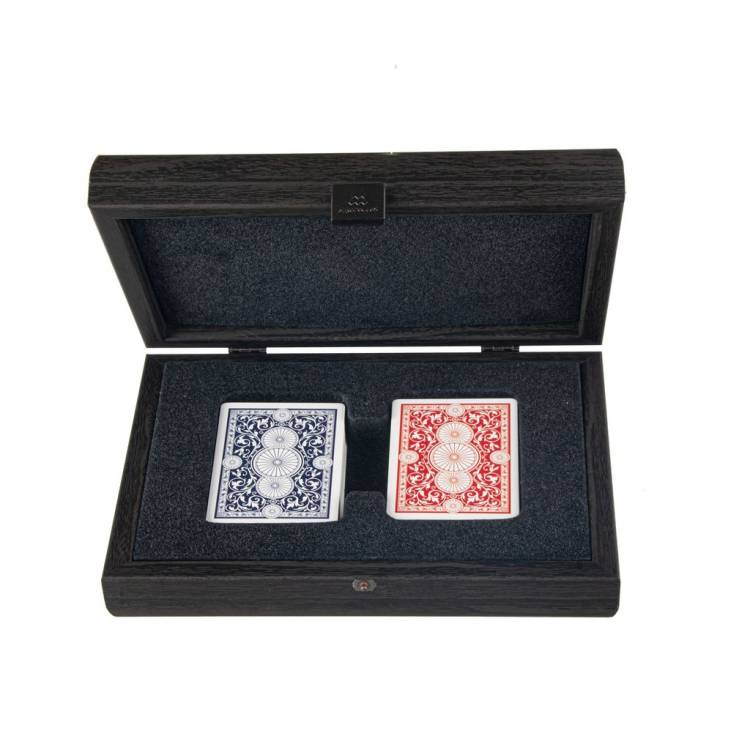 Playing cards with plastic coating in a dark gray wooden case