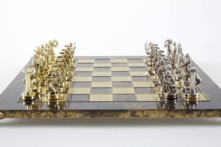 Hercules chess set with gold/silver chessmen and brown/bronze chess board 36 x 36cm