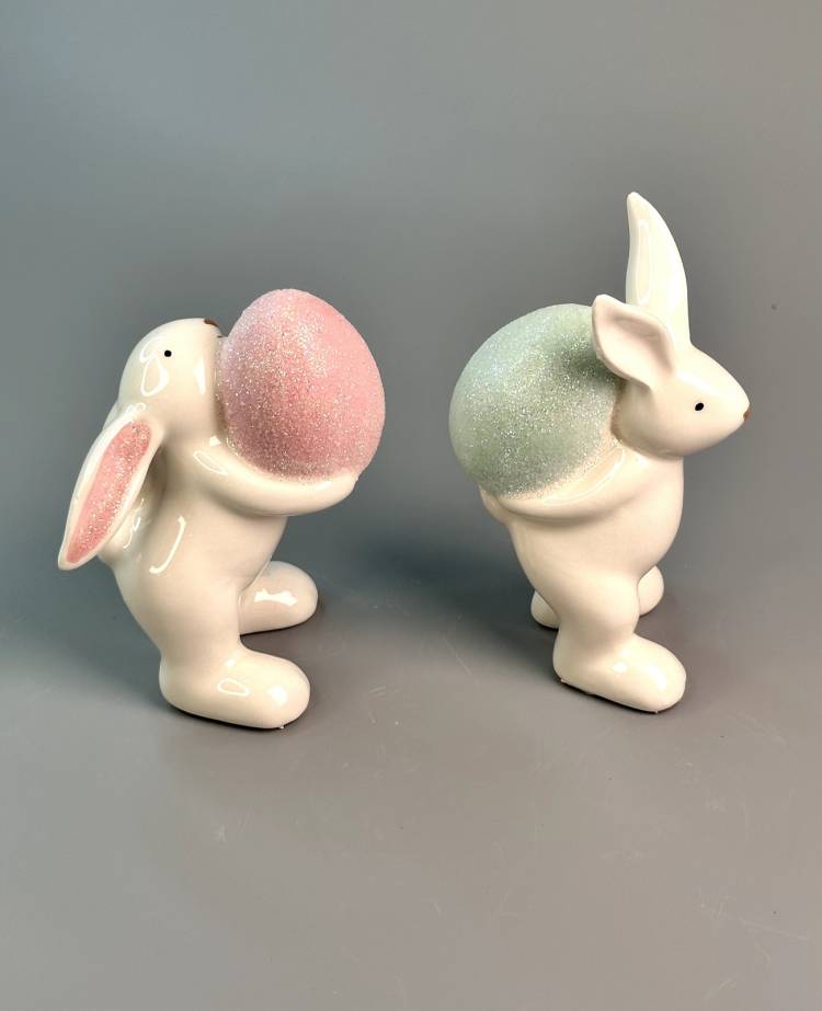 Statuette Bunny with shiny egg pink/mint 6*14*8 cm