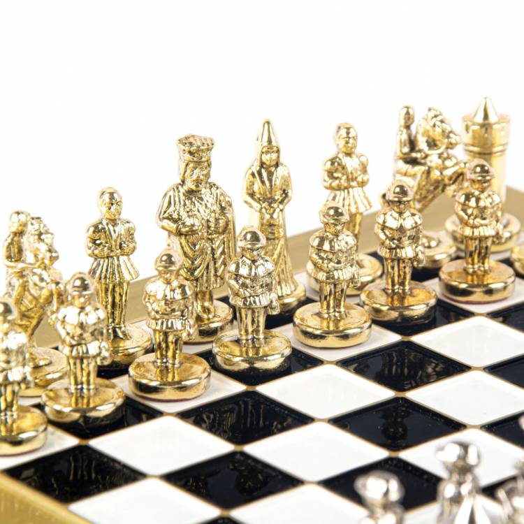 Metal Chess Byzantine set with Gold & Silver Chessmen  20cm Chessboard in Blak & White