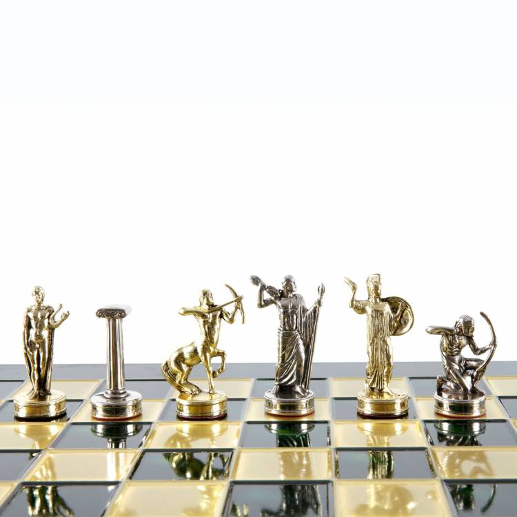 Hercules chess set with gold/silver chessmen and green/bronze chess board 36 x 36cm