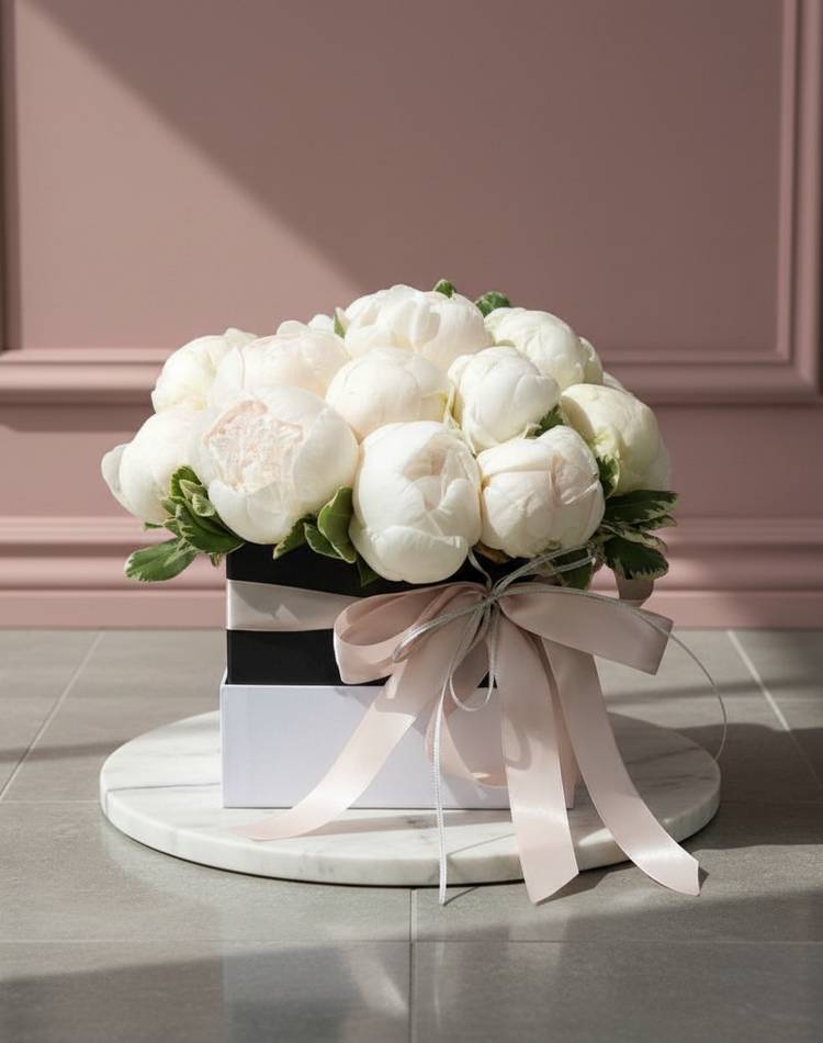 White peonies in a box "Airiness of Peonies"