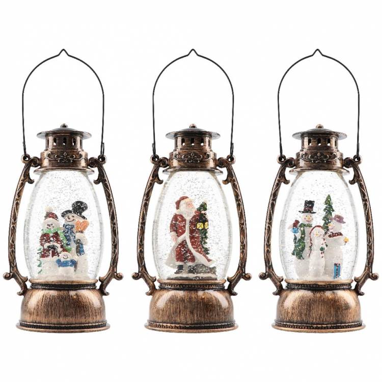 Lantern-snowman family with baby,waterspinning, LED-Bronze