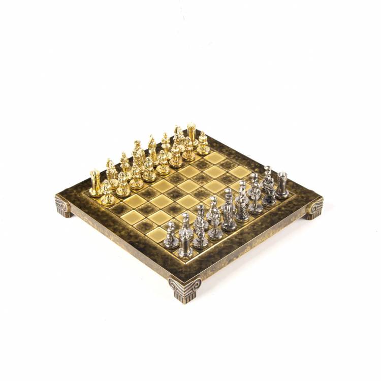 Metal Chess  Byzantine  set with Gold & Silver Chessmen  20cm Chessboard in Brown