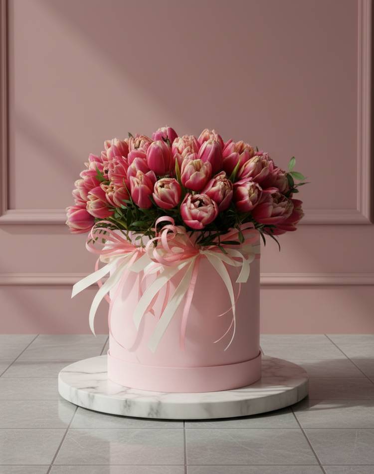 51 pink peony tulips in a hat box