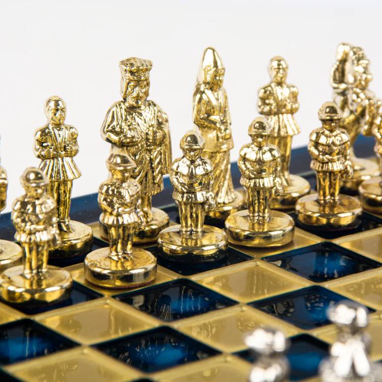 Metal Chess Byzantine  set with Gold & Silver Chessmen  20cm Chessboard in Blue