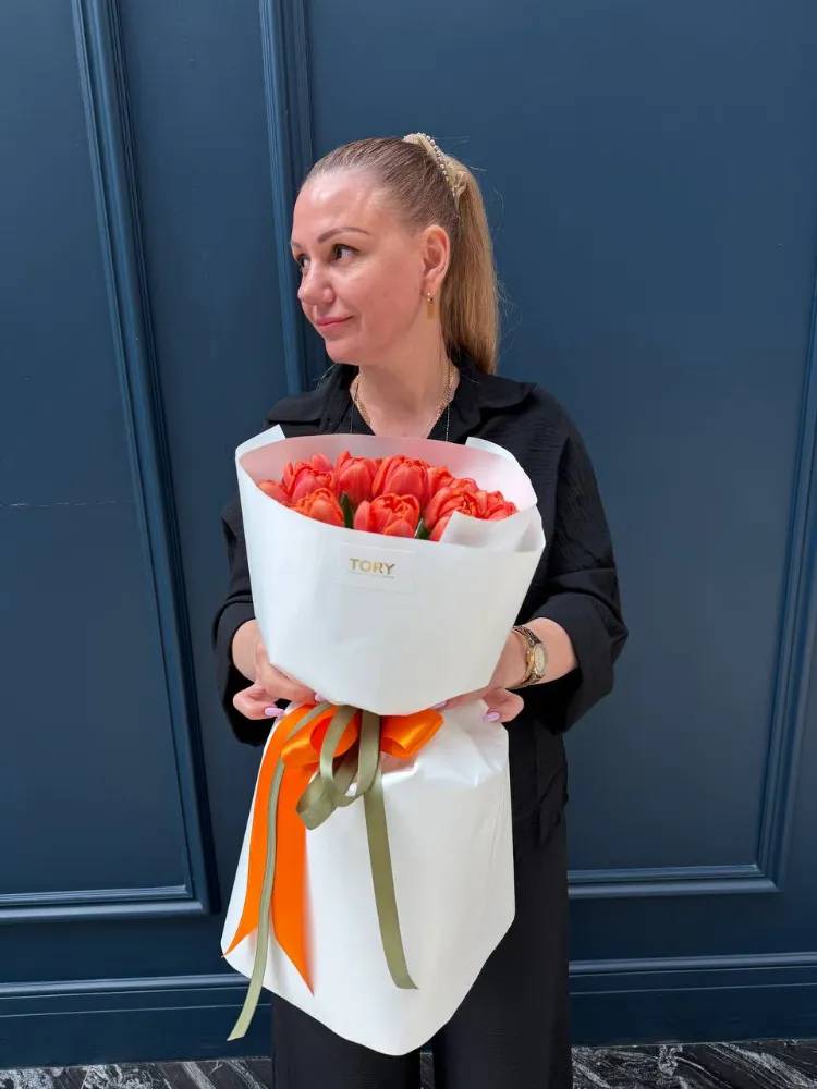 A bouquet of 15 orange peony tulips