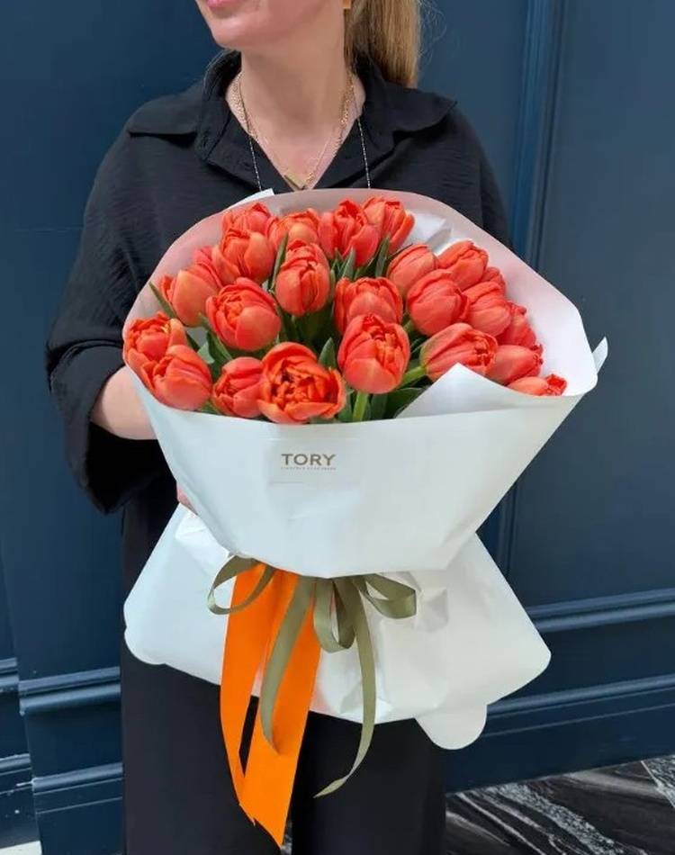 A bouquet of 25 orange peony tulips