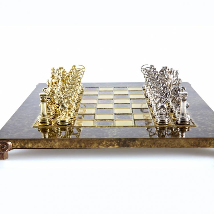 Metal Chess "Archers " set with Gold & silver Chessmen & 28cm Chessboard in Brown
